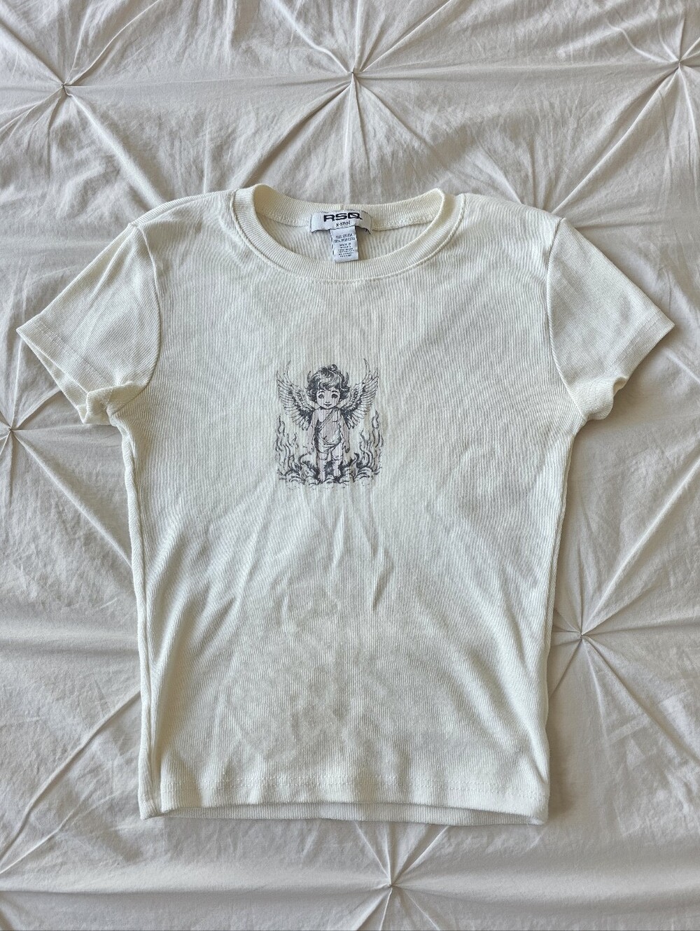 RSQ White Angel Graphic Baby Tee Y2K Ribbed Fitted Top